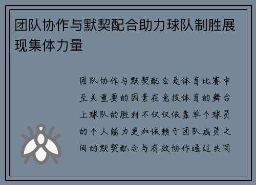 团队协作与默契配合助力球队制胜展现集体力量