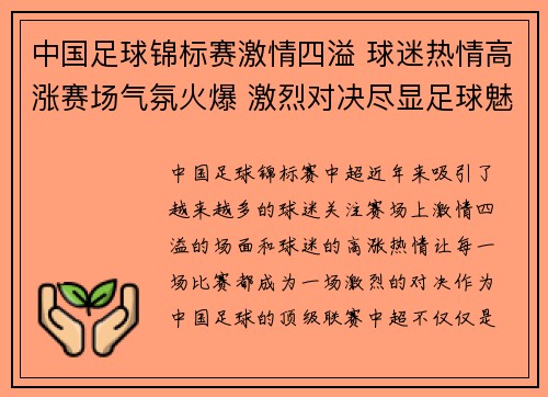 中国足球锦标赛激情四溢 球迷热情高涨赛场气氛火爆 激烈对决尽显足球魅力