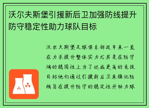 沃尔夫斯堡引援新后卫加强防线提升防守稳定性助力球队目标