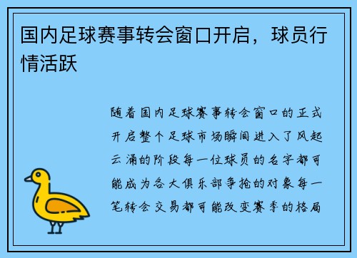 国内足球赛事转会窗口开启，球员行情活跃