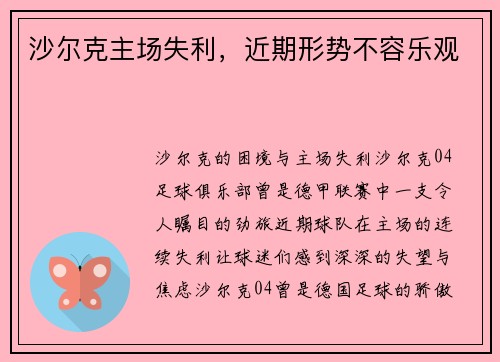 沙尔克主场失利，近期形势不容乐观