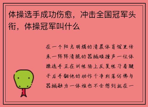 体操选手成功伤愈，冲击全国冠军头衔，体操冠军叫什么