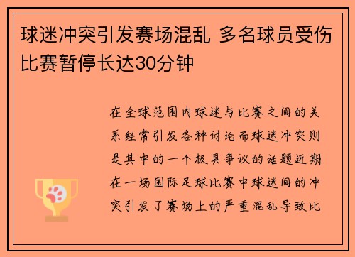 球迷冲突引发赛场混乱 多名球员受伤比赛暂停长达30分钟
