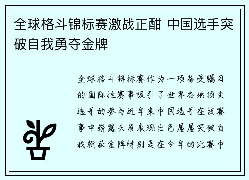 全球格斗锦标赛激战正酣 中国选手突破自我勇夺金牌